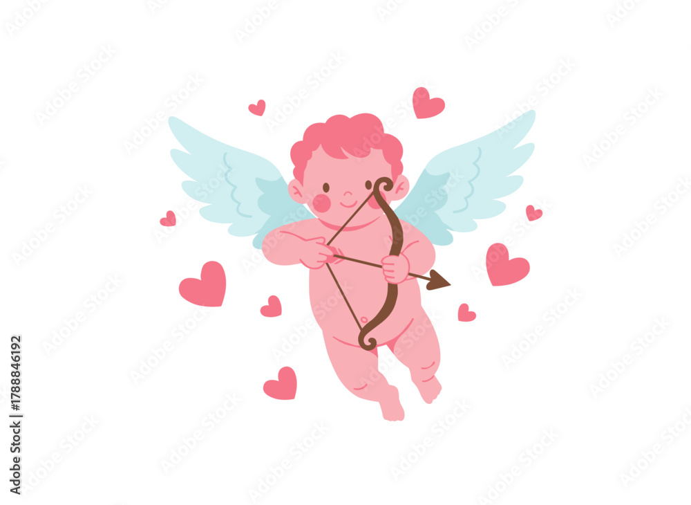 Fototapeta premium Adorable Cupid cherub fires a heart‑shaped love arrow from a bow, an angelic figure with a romantic arch for Happy Valentine’s Day and wedding, baby boy with wings, all rendered as a flat vector