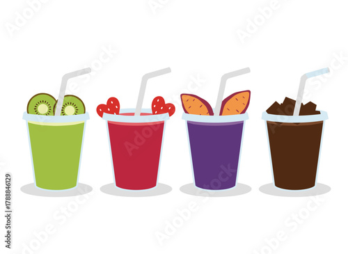 An assortment of drinks in plastic cups with lids and straws, featuring smoothies of blueberries, strawberries, kiwi, and chocolate, presented as a colorful vector collection on a white background in