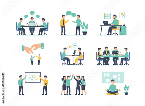 A vector flat illustration of a creative team enjoying a break at the office, featuring cartoon characters celebrating a work pause on a white background, with a cheerful corporate man and woman