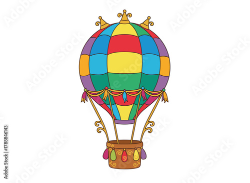 A vintage hot air balloon, depicted in a flat vector illustration with colorful striped ornaments, hand‑drawn with a basket and propeller, isolated on a white background, featuring textured design