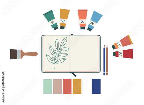 A botanical illustration on paper featuring a plant branch and its supplies, rendered from a top view with pencil, liner, and squeezed acrylic paint in a tube, presented as a flat vector image