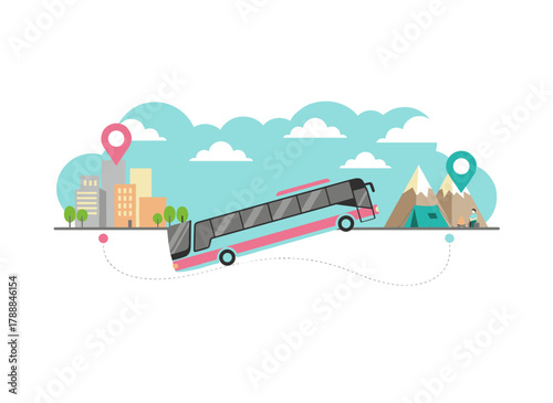 A contemporary web banner design featuring a bus traveling from its origin to a tourist camp at the destination, representing tourist transport and adventure travel services, depicted in a linear