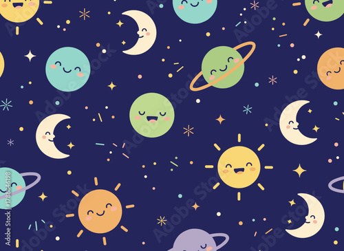 A seamless pattern of playful planets and stars from the solar system, featuring humorous astronomical objects with orbit vectors in a flat illustration style, set in a cartoon universe with charming
