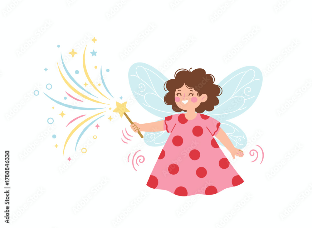 Naklejka premium A cheerful girl in a pixie or fairy outfit, complete with decorative wings and a magic wand, illustrated in flat vector style; a cute young girl in festive clothing, standing alone, ready for a