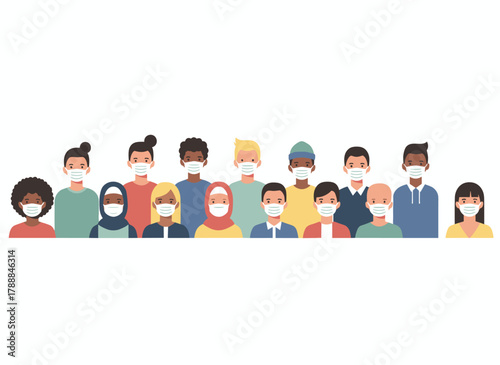 Flat vector illustration of a diverse group wearing protective masks, featuring men, women, and teens of various ages in respirators against a white background, emphasizing infection prevention
