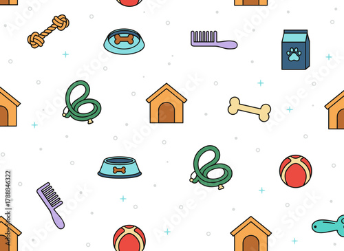 A seamless pattern featuring dog items outlined in contour lines against a white background, presented in monochrome modern lineart suitable for fabric prints, wrapping paper, backdrops, and