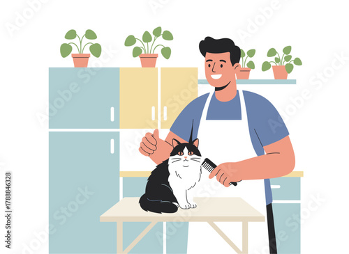 A groomer brushes a cat’s hair in a pet salon, using a shedding tool to comb through the undercoat and tangled fur, depicted as a flat vector illustration on a white background