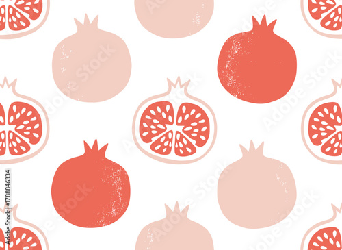 A doodle-style pomegranate pattern featuring a seamless white background and simple garnet fruits, designed as an endless repeating texture for printing and decoration, available as a printable flat