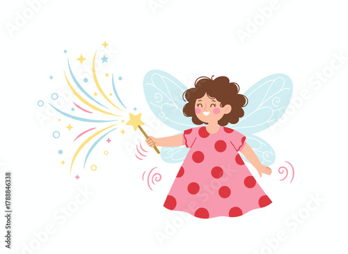 A cheerful girl in a pixie or fairy outfit, complete with decorative wings and a magic wand, illustrated in flat vector style; a cute young girl in festive clothing, standing alone, ready for a