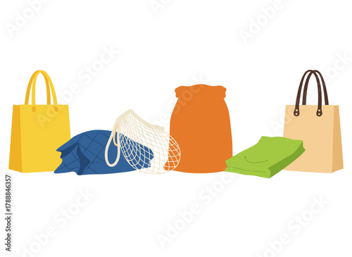 A set of plastic shopping bags, empty disposable containers for supermarkets and trash, both used and new polythene packs and purchase packets, depicted as realistic flat vector illustrations on a