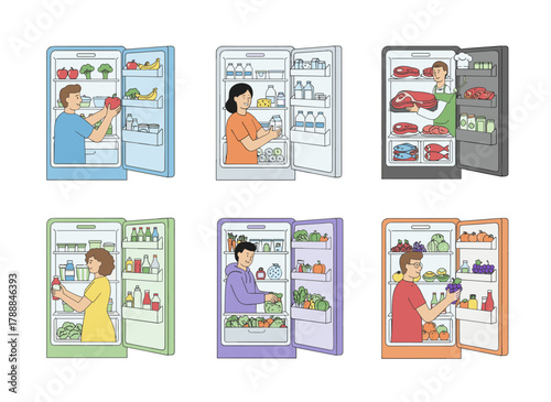 Hungry characters search inside a fridge set for food, examining various products and nutrition before choosing what to eat, depicted in a flat vector illustration on a white background
