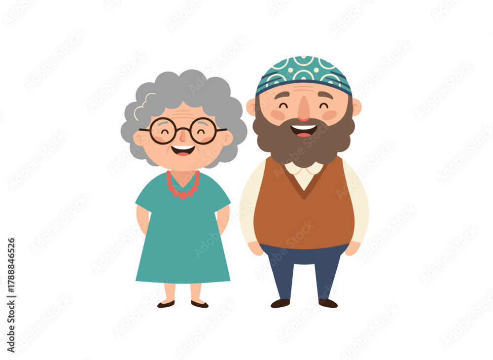 Fototapeta premium Portrait of an elderly couple: a cheerful married senior man and woman smiling, a mature family of retired spouses and grandparents in retirement, rendered as a flat vector illustration on a white