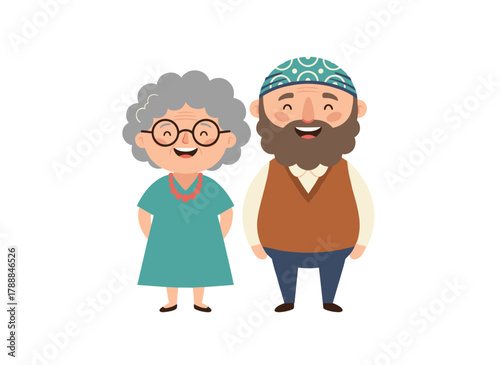 Portrait of an elderly couple: a cheerful married senior man and woman smiling, a mature family of retired spouses and grandparents in retirement, rendered as a flat vector illustration on a white