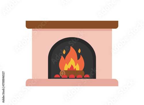 A cozy fireplace with a flame visible through glass, a wooden mantelpiece, warm interior décor, depicted as a flat vector illustration on a white background