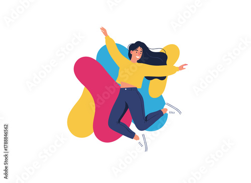 Delighted, liberated woman soars, drifting in the sky; inspired girl experiences the exhilaration of freedom in flight, creative energy and imagination flourish; flat vector illustration on a white