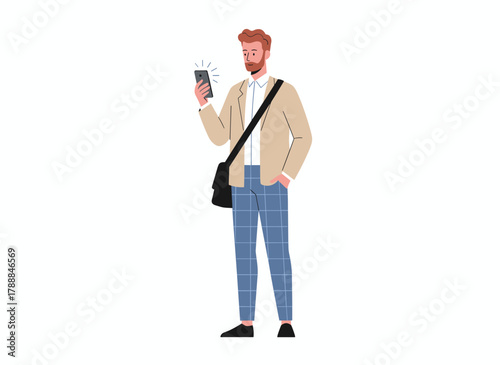 A businessman stands holding a mobile phone, gazing at its screen while surfing the internet, depicted as a flat vector illustration on a white background