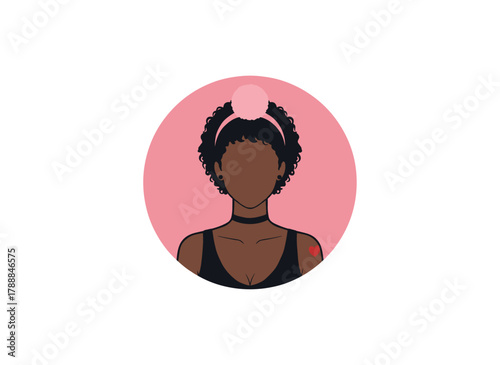 An abstract portrait of a black woman, featuring a bold, stylish female avatar with a mohawk, an earring, and a heart, celebrating queer identity in a contemporary modern fashion poster, rendered as