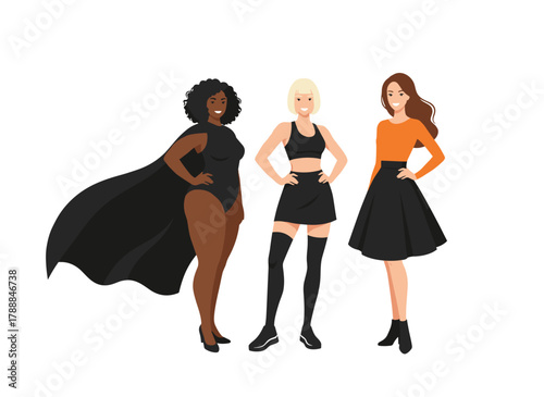 A group portrait of sexy, sassy young women in seductive fashion outfits—leather, latex, fur, and other erotic trendy clothes—depicted as a flat graphic vector illustration on a white background