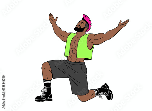 A modern, sassy, sexy male vogue dancer poses while sitting or kneeling, portrayed in a trendy, funky, freaky style as a flat vector illustration on a white background