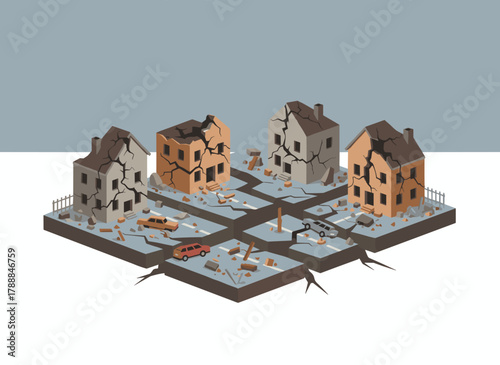 Vector illustration of an earthquake-affected city panorama, showing damaged houses, cars, ground fissures, and cracked buildings, depicting a ruined town landscape after the quake or disaster