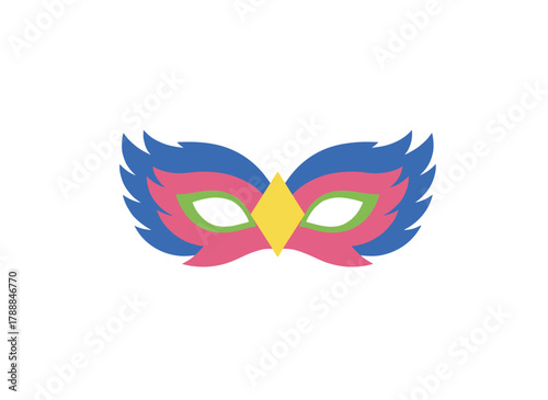 A flat vector illustration of a Purim carnival mask and feathered festive glasses, designed as a holiday party accessory for a humorous Jewish masquerade and festival celebration, set against a white