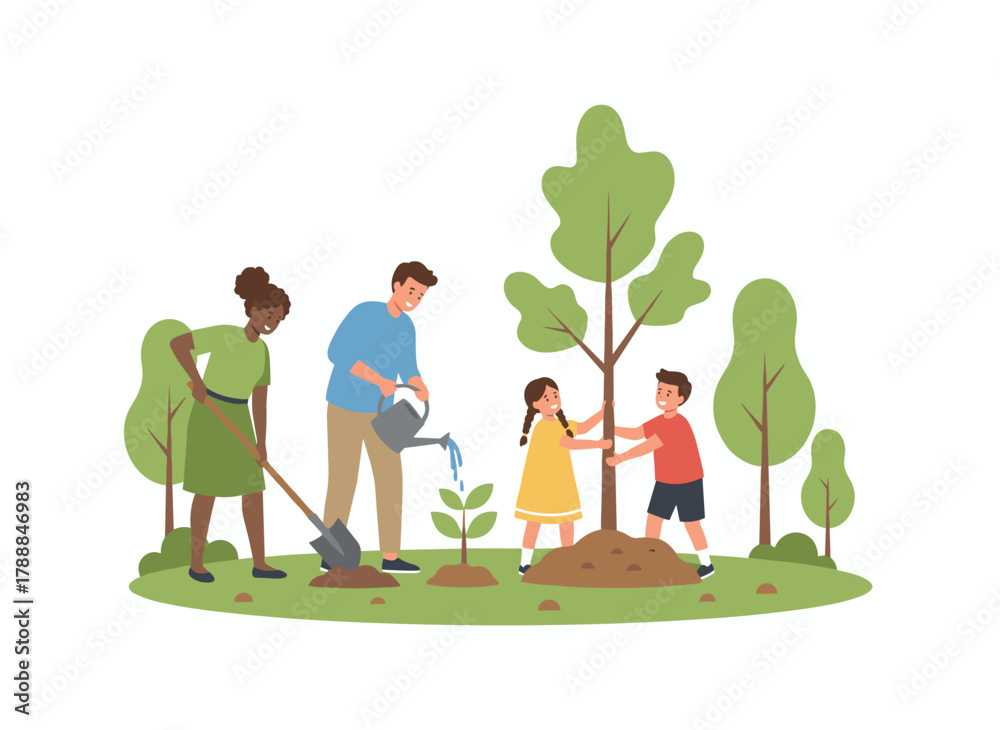 Fototapeta premium A grandmother and her grandchildren cultivate a garden, promoting ecological awareness and environmental aid; the family digs, plants, waters, and enjoys outdoor time, depicted in a flat vector
