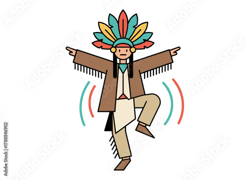 A male cartoon character in ethnic attire performs a ritual dance of America's indigenous peoples, depicted as a flat‑style vector illustration on a white background
