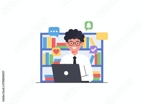 A cheerful businessman at his laptop, a smiling office worker enjoying his job, an enthusiastic and successful manager working online on a PC, all depicted in a flat vector illustration