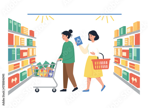 Shoppers in a supermarket, a girl and a guy, pick items near the shelves while carrying a cart, illustrated in a colorful flat style
