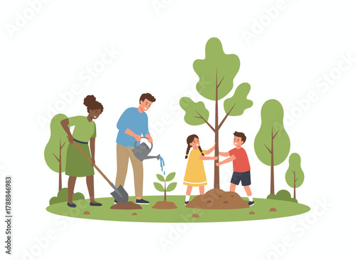 A grandmother and her grandchildren cultivate a garden, promoting ecological awareness and environmental aid; the family digs, plants, waters, and enjoys outdoor time, depicted in a flat vector