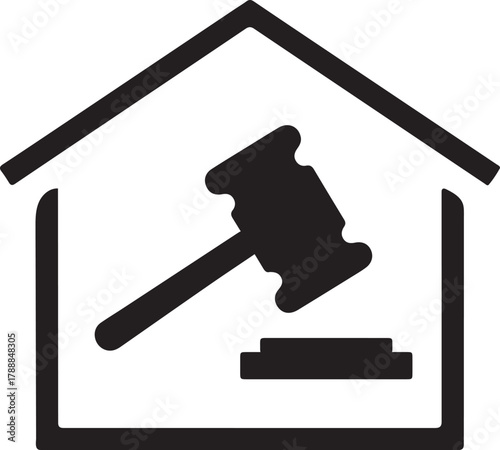 Real estate law icon with gavel inside house outline symbolizing property auction, legal sales, housing judgment, and foreclosure concept