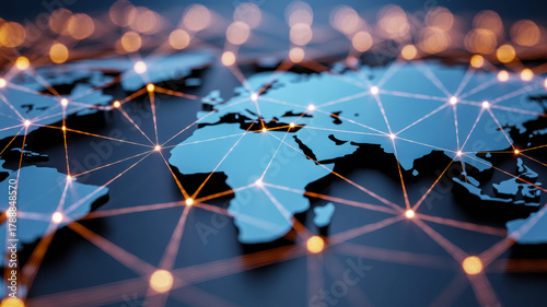 A computer generated world map with interconnected blockchain lines symbolizing the global reach and impact of this technology in protecting intellectual property.
