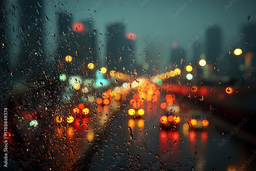 Fototapeta premium Rain-Speckled Window Overlooking Blurred City Traffic and Buildings at Dusk.