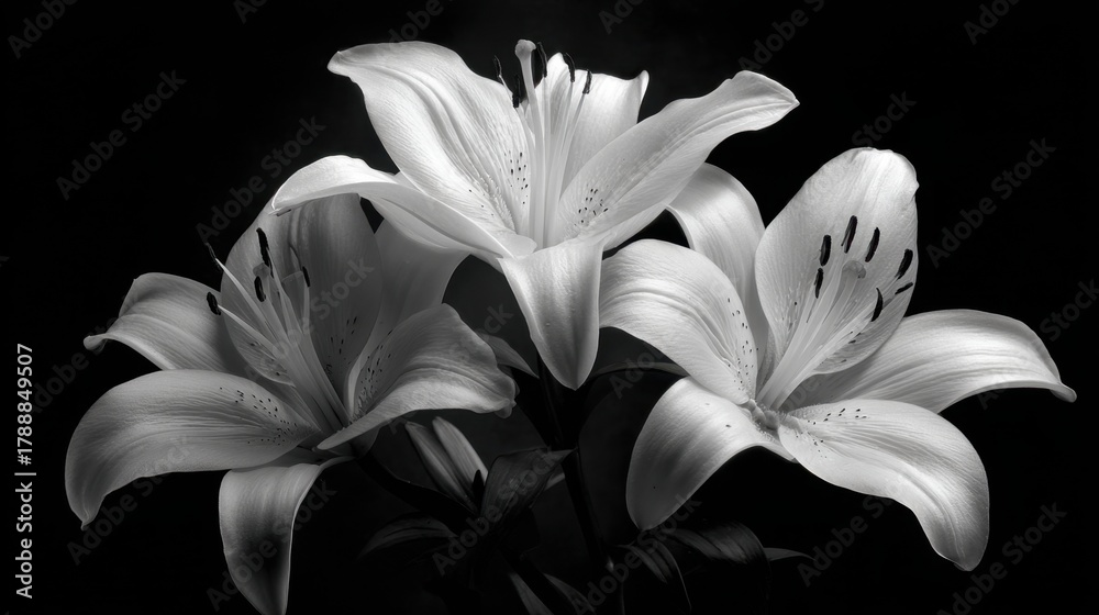 Fototapeta premium Three stunning white lilies emerge beautifully from the shadows showcasing their delicate petals.