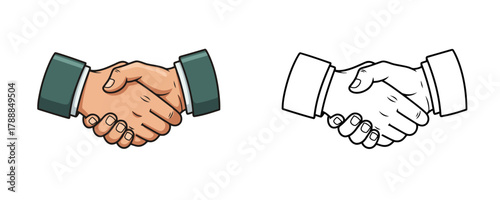 Hands shaking in agreement with sleeves and cuffs and a black and white outline template on white background, business partnership concept