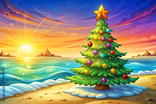 Decorated Christmas tree on sandy beach with sunset sky and gentle ocean waves