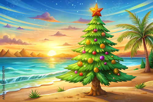 Decorated Christmas tree on sandy beach with sunset sky and gentle ocean waves