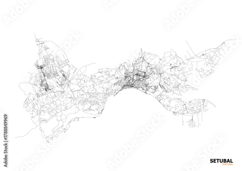 Detailed technical vector map of the road and highway network of Setúbal, Portugal, for urban and site planning purposes.