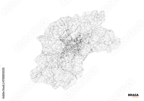 Detailed technical vector map of the road and highway network of Braga, Portugal, for urban and site planning purposes.