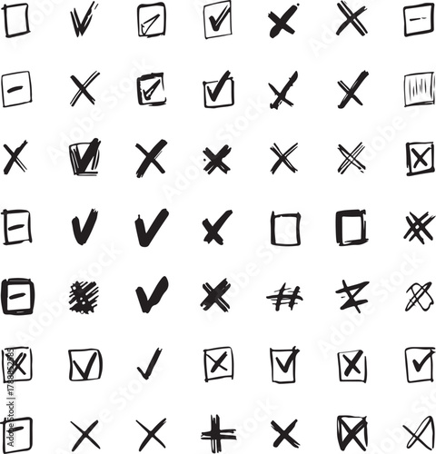 Check mark icon button set. Check box icon with right and wrong buttons and yes or no checkmark icons in green tick box and red cross.
