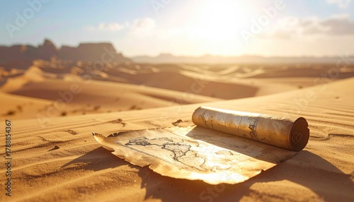 Fototapeta Naklejka Na Ścianę i Meble -  Ancient scroll with musical notes rests on rippling sand dunes under a bright desert suncasting long shadows