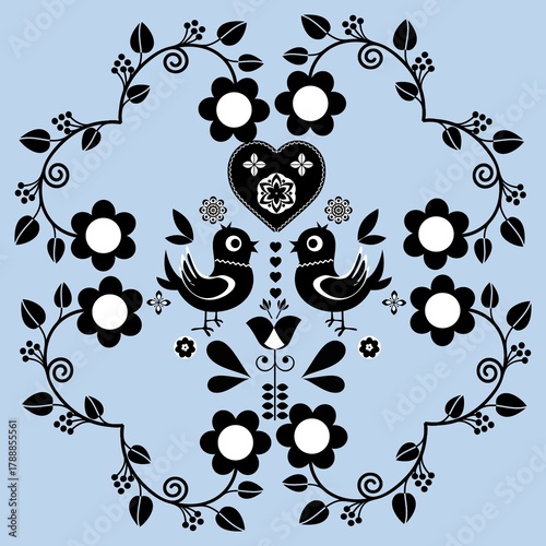 Cartoon seamless background in blue and white for kids. Seamless texture tile with vintage motives.
Cheerful regular pattern for children with birds. Blue and white design for printing.