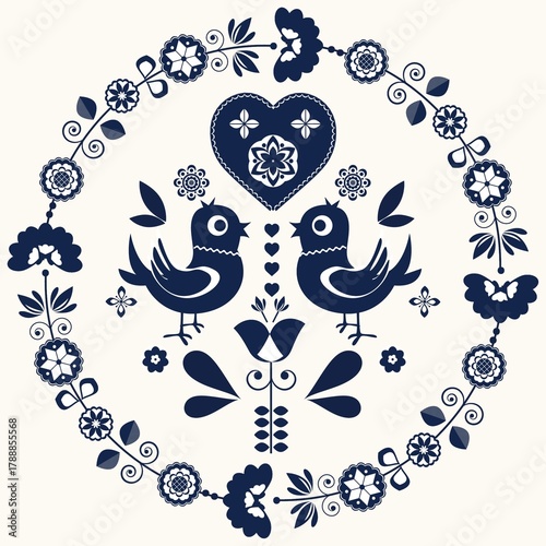 Cartoon seamless background in blue and white for kids. Seamless texture tile with vintage motives.
Cheerful regular pattern for children with birds. Blue and white design for printing.