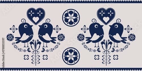 Cartoon seamless background in blue and white for kids. Seamless texture tile with vintage motives.
Cheerful regular pattern for children with birds. Blue and white design for printing.