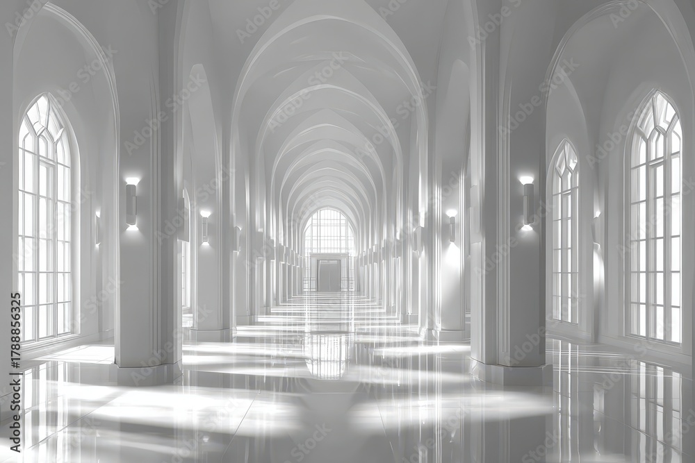 Fototapeta premium Serene white minimalist corridor with arched ceilings and reflective floors.