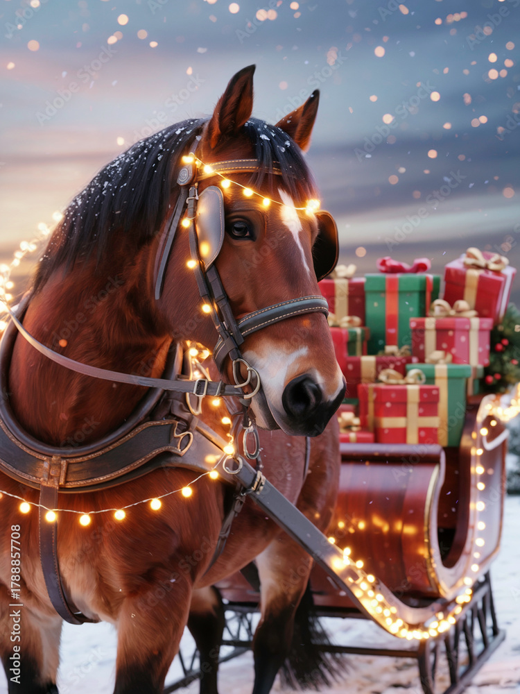 Obraz premium a close up photo of a horse with a carriage full of christmas gifts 