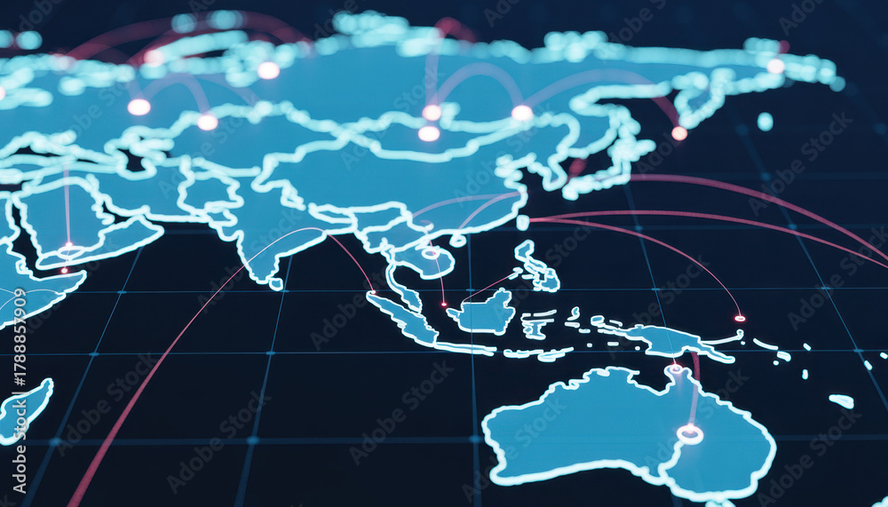 Fototapeta premium Illuminated digital map of the Asia-Pacific region showing glowing routes and network nodes that visualize connectivity, data flows, and transport links.