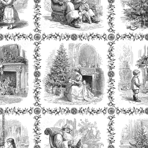 Traditional European Christmas scenes. Seamless vector pattern. Vintage engraving or ink drawing style vector illustration.