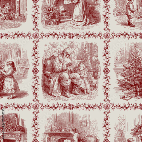 Traditional European Christmas scenes. Seamless vector pattern. Vintage engraving or ink drawing style vector illustration.