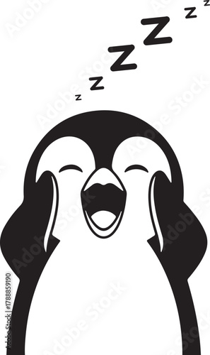 Sleeping penguin character vector illustration with wide open mouth and zzz symbols, depicting rest, tiredness, or deep sleep on white background.
